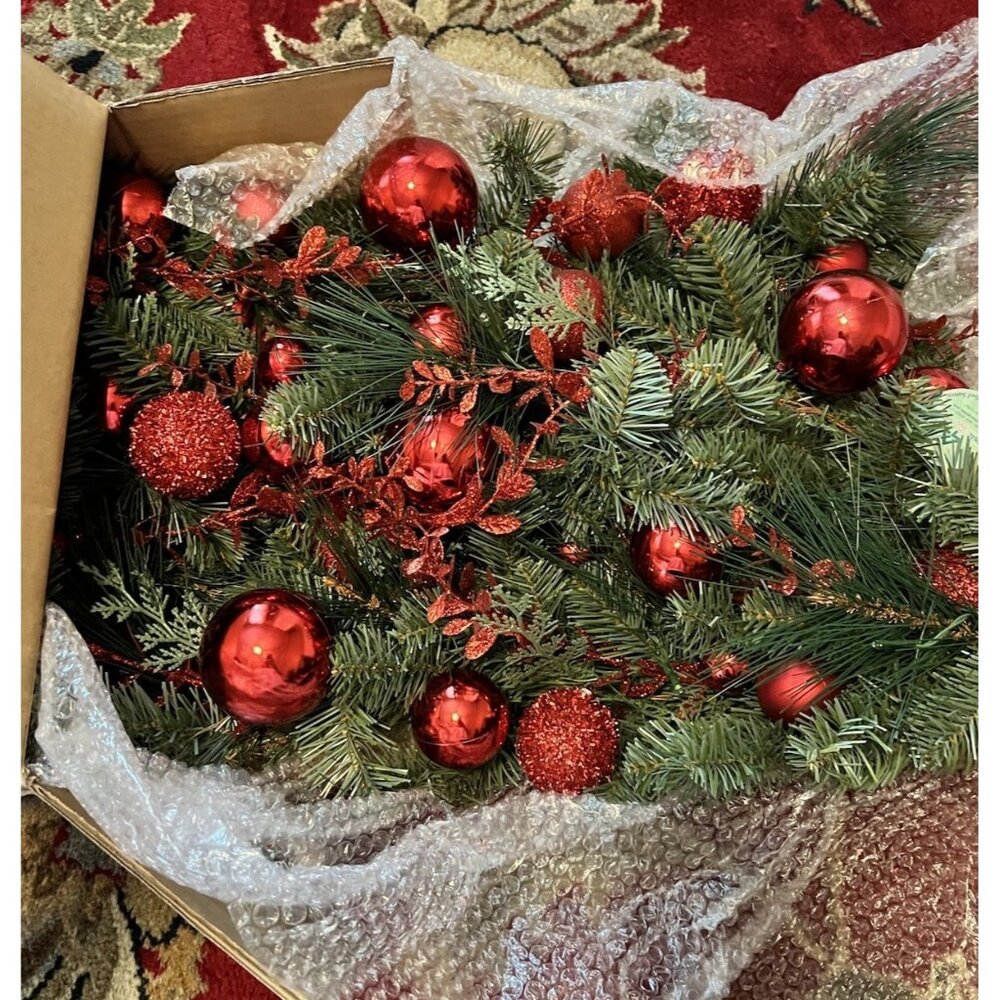 9ft x 12in Pre-Lit Battery Operated LED White Lights~ Red Mix Artificial Garland